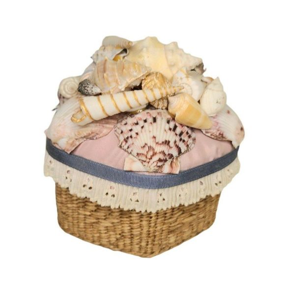 Vtg handmade Shell covered beach Wicker Woven Lace trim Stash Box Basket 6" - Picture 2 of 9